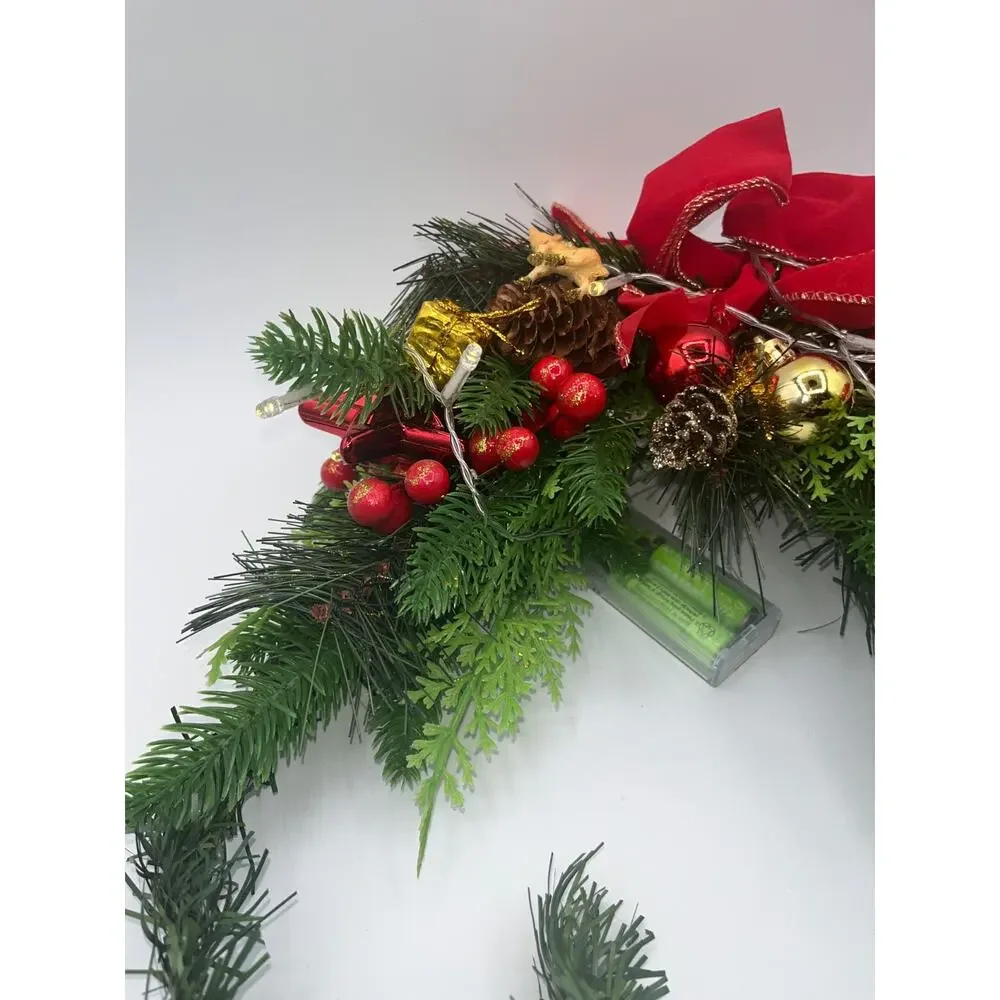 Lighted Mantel Christmas Fake Pine Tree Swag Pinecones Berries Ornaments Deer